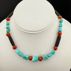 Turquoise Coral & Wood Beaded‎ Necklace With Silver Tone Toggle Clasp